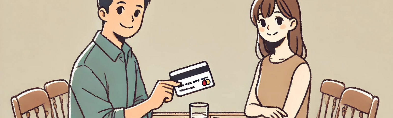 A couple at a restaurant table, one person holding a credit card and the other smiling, with a neutral background.