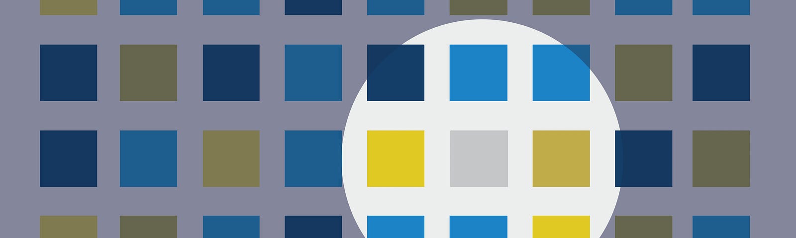 Dark blue, medium blue, and gold squares are evenly spaced on a white background. There is a shadow over most of them, but there’s a circle spotlight over about nine of the squares. This represents the USDS value of Find the truth, tell the truth.
