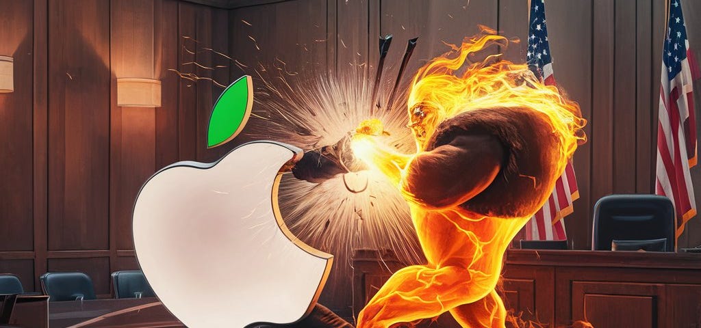 The Apple logo fights against Fortnite’s video game character Blaze in the U.S. courtroom.