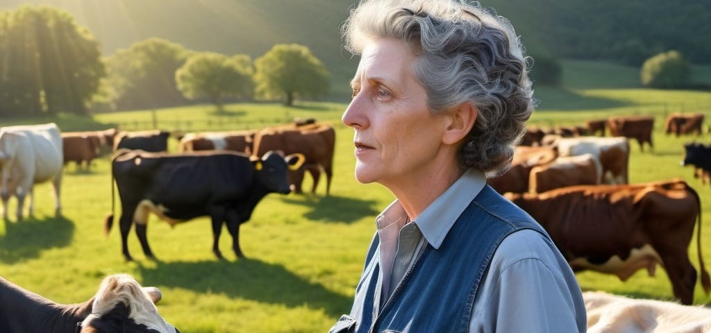 Temple Grandin, a cowgirl with autism surround by cows.