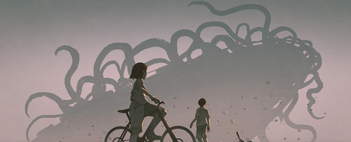 Image: A pair of children on bikes, staring at a huge, betentacled silhouette in the background.