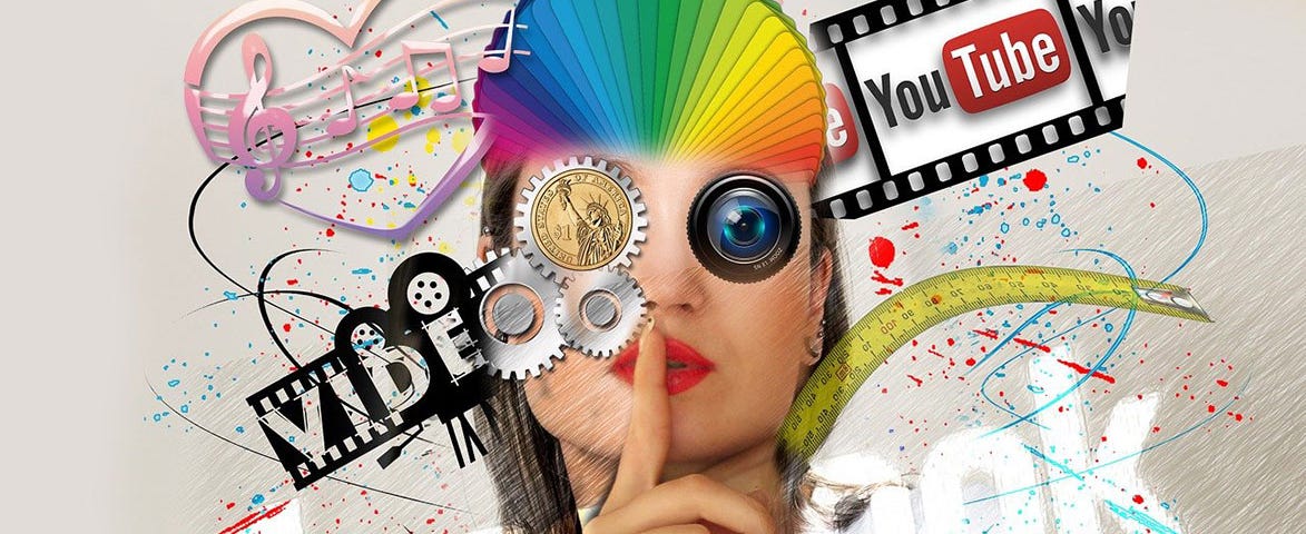 Woman with a finger over her lips, surrounded by social media symbols