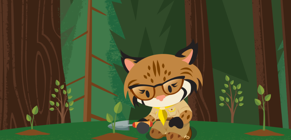 An illustration of AppExchange mascot Appy planting a small sapling in the forrest.