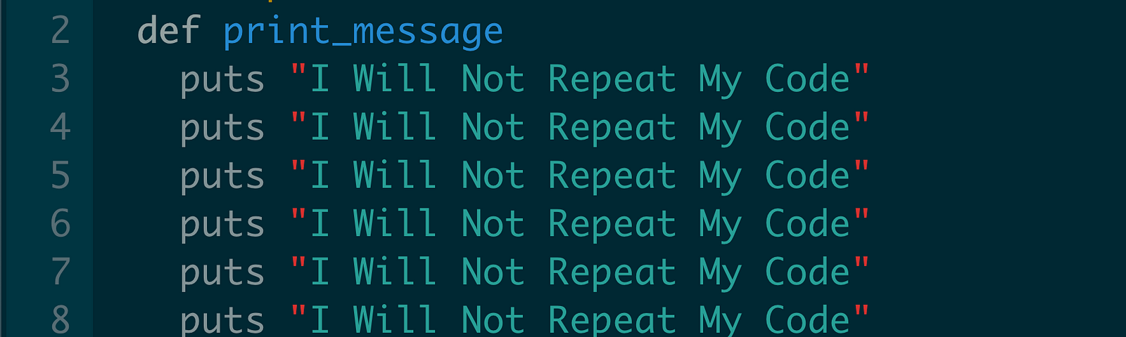 A method where "I will not repeat my code" is printed a lot of times manually