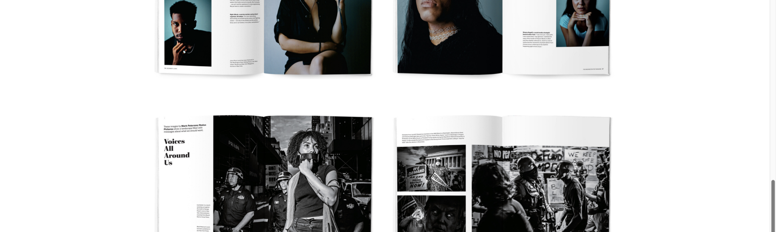 A screenshot of Clare Lynne Ramirez’s website page highlighting the work she did for the Washington Post’s 2020 Photo Issue. The webpage features scans of magazine layouts with both color and black and white photography.