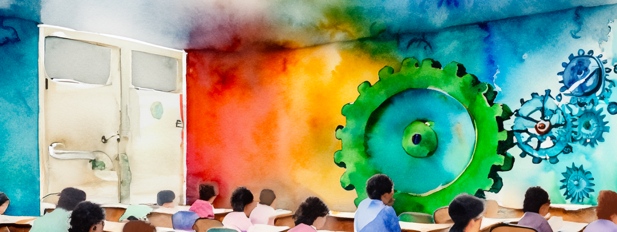 A watercolor illustration of a classroom of students facing a of gears, representing a system in motion.