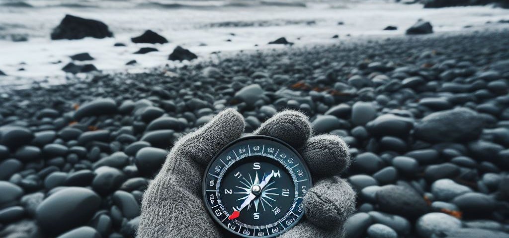 A gloved hand holding a compass on a rocky grey beach.