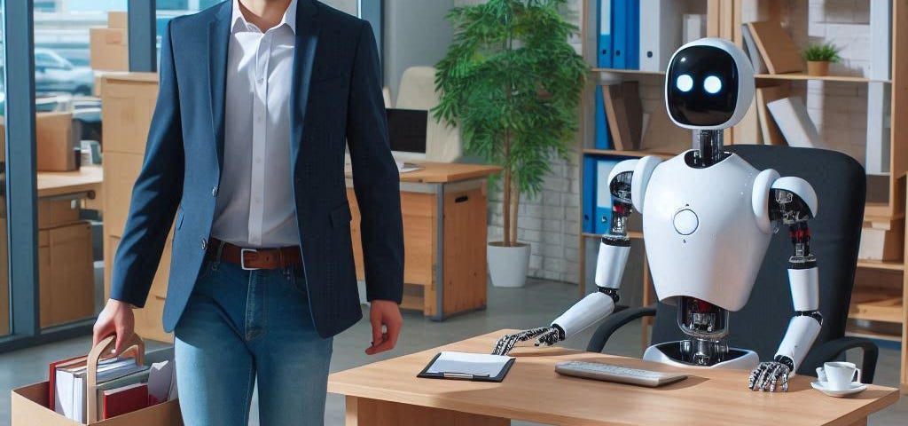 A man walking out of an office with a box of belongings being replaced by a robot at his desk