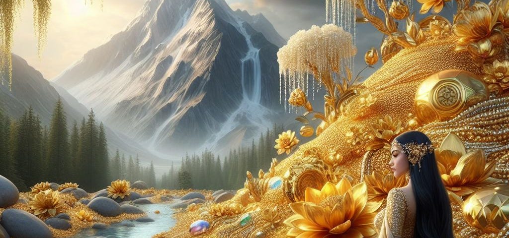 A mountain of gold and precious gems surrounded by a peaceful stream with flowers of gold and pearls, watched by a beautiful woman with long black hair dressed in a silk saree.