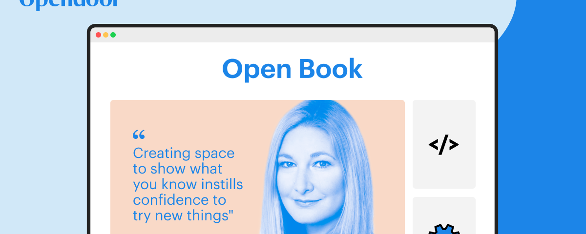 Portrait of Sarah Moore, Staff Software engineer at Opendoor with a quote that says “Creating space to show what you know instills confidence to try new things”
