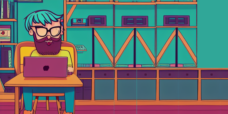 Cartoon hipster on a laptop in a colorful office — My Blog Outline Template Gets 120,000 Page Views Per Month