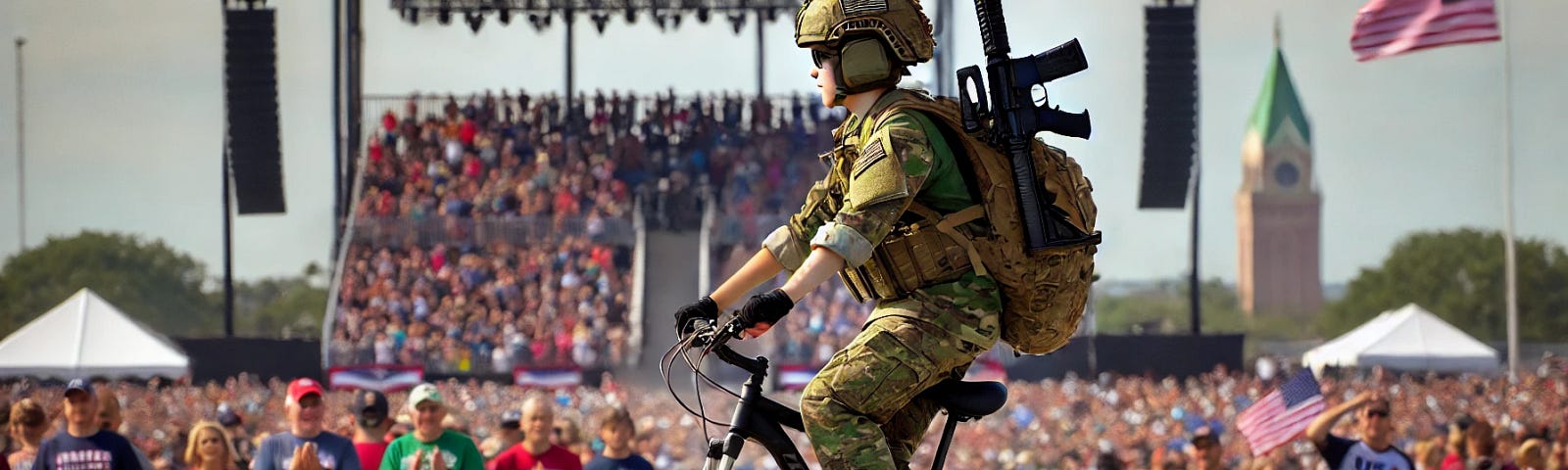 A kid wearing camo gear with an AR in a scabbard rides his bike to the rally point