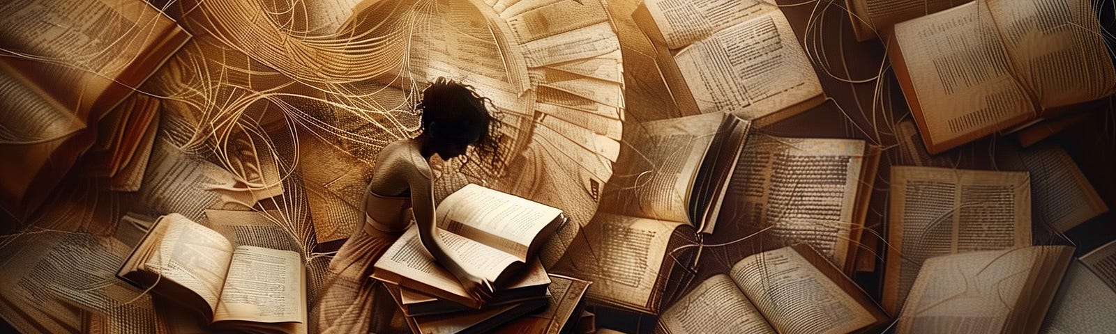 An elegant woman surrounded by books and manuscripts, writers block cure