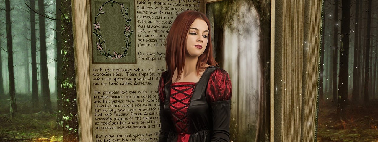 In the middle of the forest stands an open book. Kneeling in front of the open pages is a young woman dressed in an old fashioned dress of red and black that laces up the front. Surroinding both the book and woman is the magical circle made up of the written words of the story.