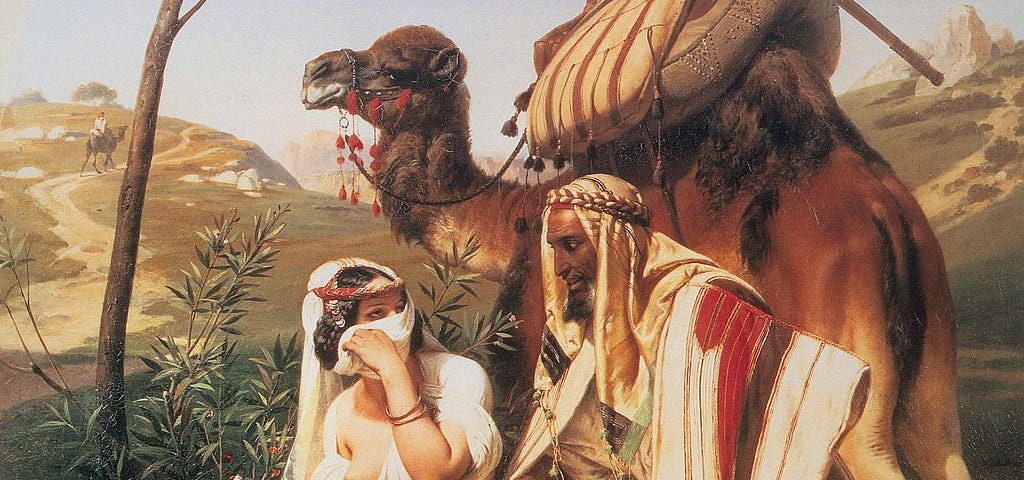 Vernet portrays Tamar veiled like a prostitute and beckoning Judah to sleep with her. Judah has a camel.
