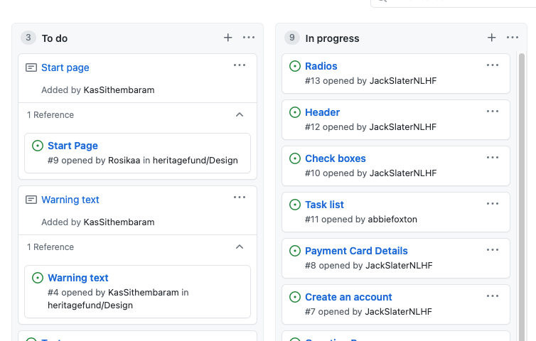 screengrab of two columns in the Github Project for our interaction design patterns. The left-hand column is titled ‘to do’ and includes boxes for start page, warning text, and text area. The righthand column is titled ‘in progress’ and shows 7 boxes, including check boxes, task list, and question pages