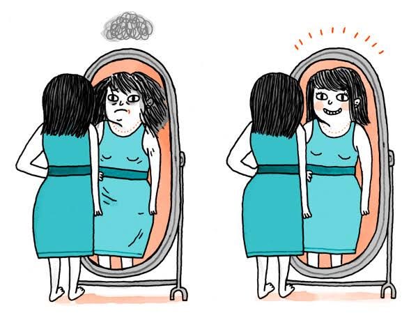 Reflective self-discovery: Witness a whimsical cartoon of a woman gazing into a mirror, exploring her own reflection. Unveil the essence of self-reflection in this captivating image.