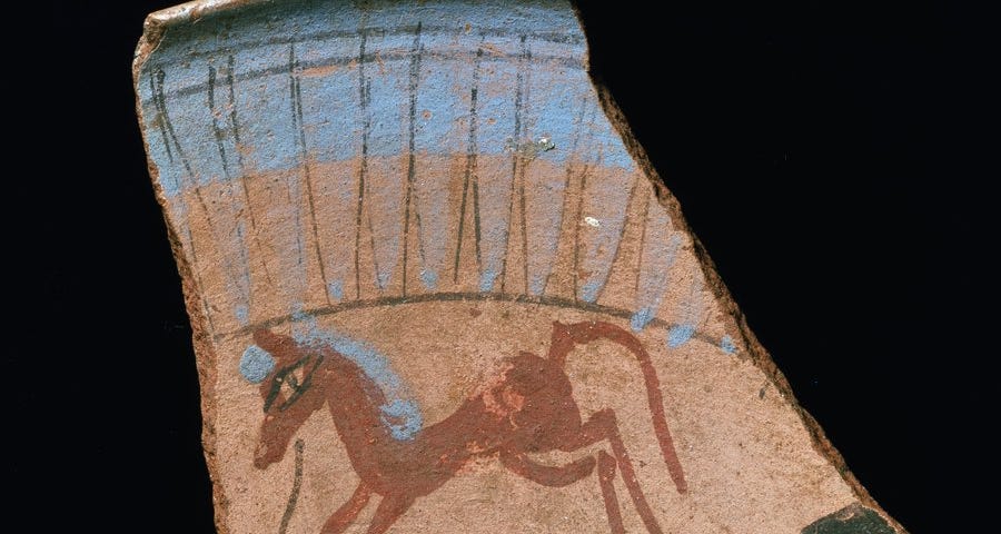 Ceramic pot shard with blue maned horse from ancient Egypt, collection Ashmolean Museum