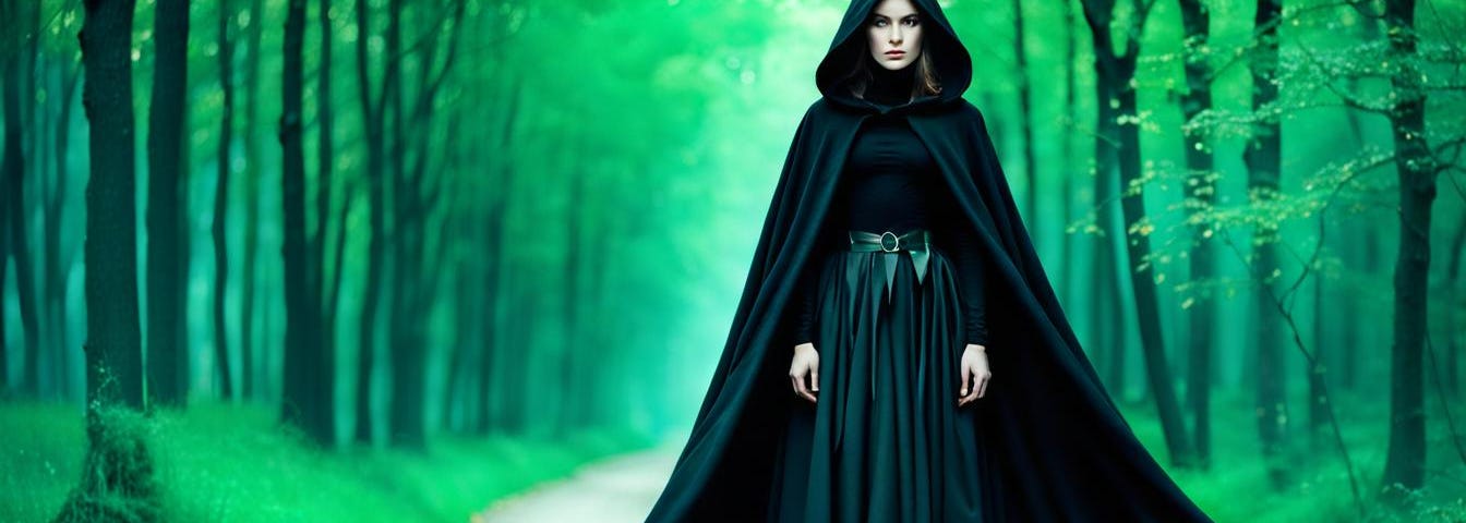 Woman in black hooded cloak, on woodland path