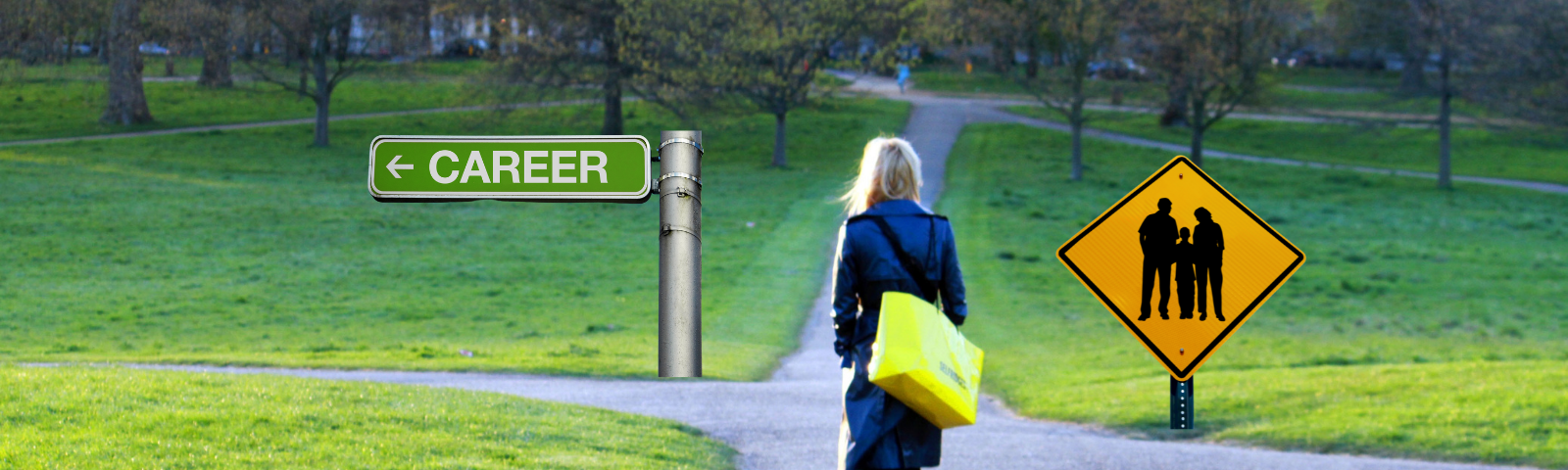 Woman walking alone in a sunny park on crossroads, left signpost says “Career”, right signpost has image of a family