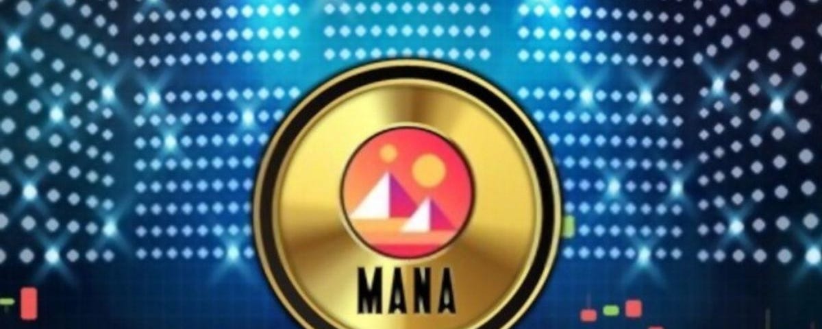 A gold MANA token with two moons and two pyramids on a crypto chart.