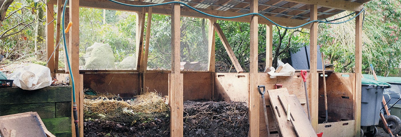 Four piles of dark soil compost, two of them in 1-metre-high piles, in a wooden shed-like structure. Behind the compost piles are a lush garden of vegetables and trees.