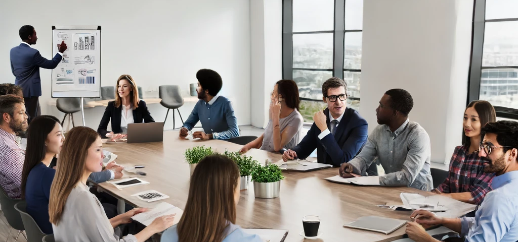 A group of people sitting around a table discussing in a modern office setting.