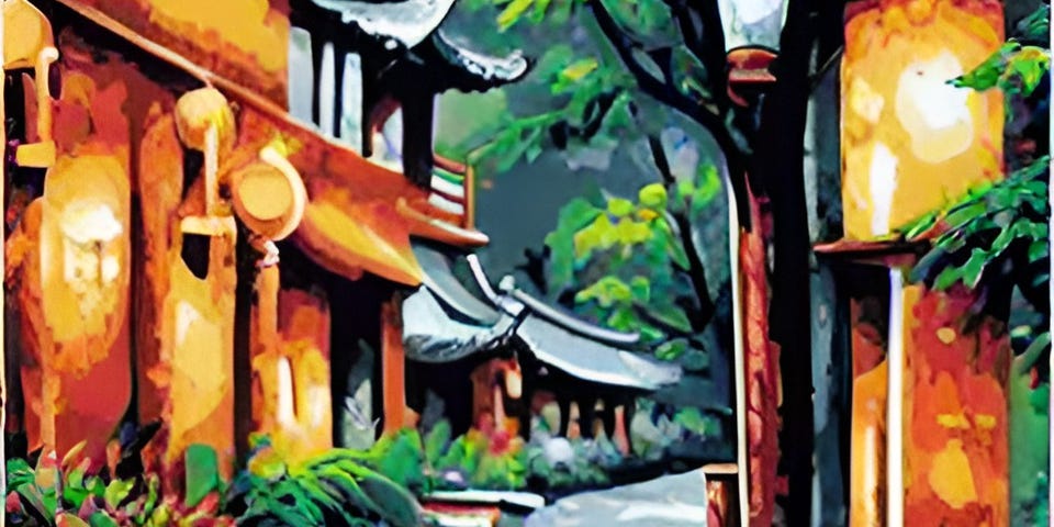 A color illustration of a Chinese hermit walking on a road through an Asian village. Created by Frank Moone usig Dream.AI