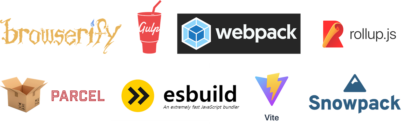 Various bundlers which include browserfiy, gul, webpack, rollup, parcel, esbuild, vite and snowpack.