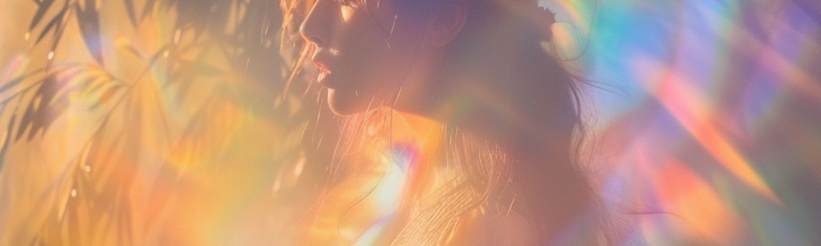 A person in profile with overexposed multicoloured light all around.