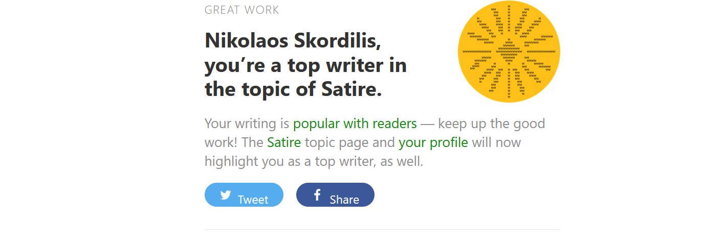Screenshot of the email notifying me I got a Top Writer status in Satire.