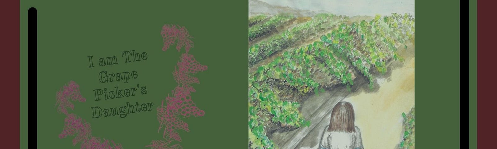 Watercolor image of a young girl in a grape field.