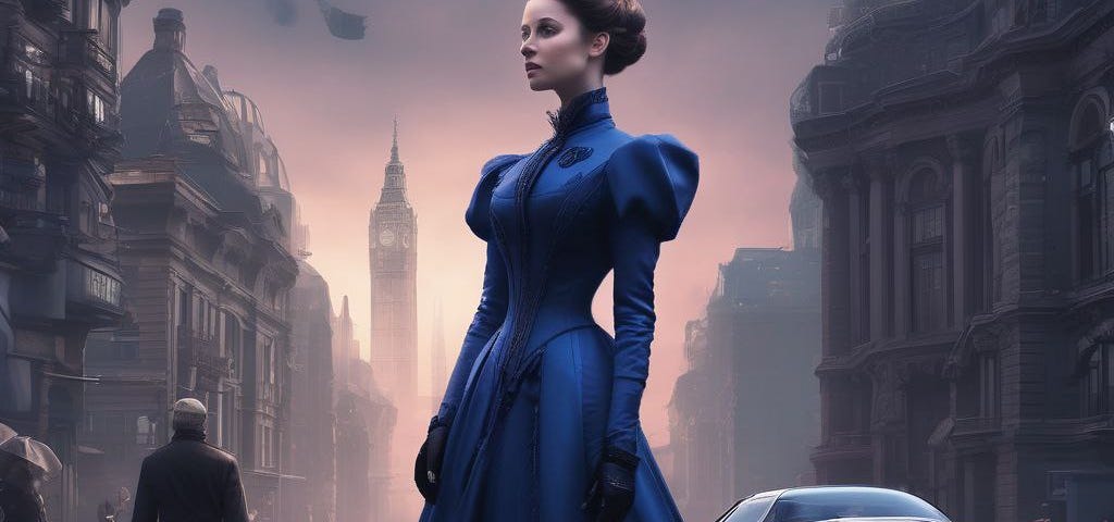 A woman in blue gown standing on the street with cars