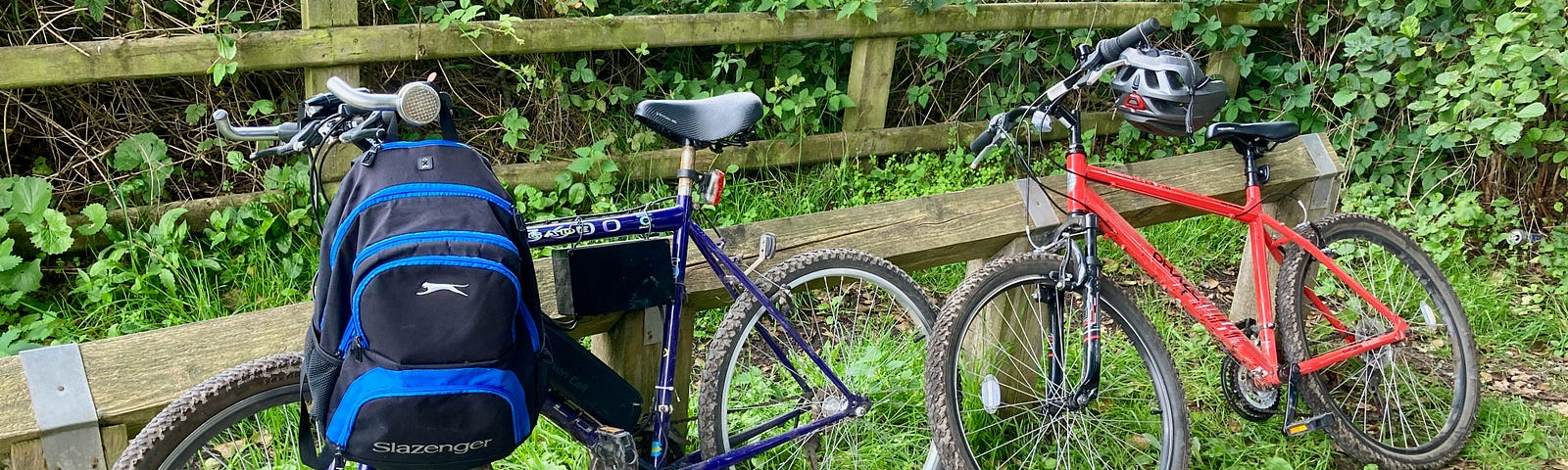 Two bikes leaning against a wooden fence in the countryside.