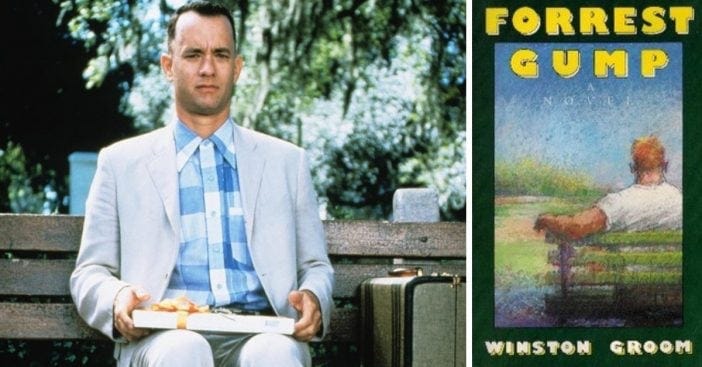 Tom Hanks as Forrest Gump and the cover of the book