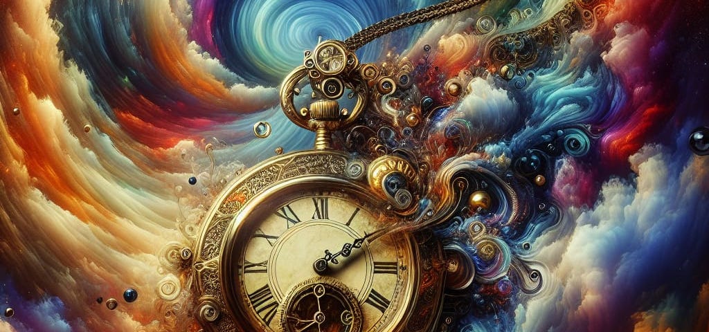 An old-fashioned timepiece on a gold chain floats in the middle of a psychedelic whirl of vivid colour. Projecting the idea of time standing still, the digital art image draws on the work of Dali, Giger, and Klimt