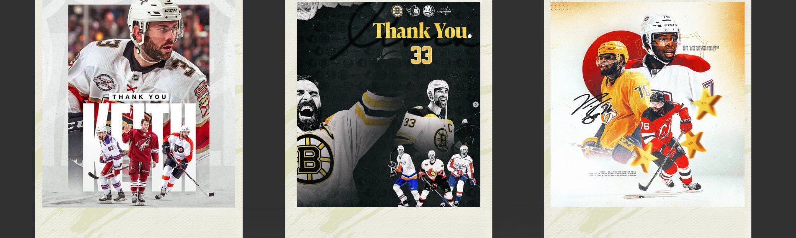 Graphic showing posts about Keith Yandle, Zdeno Chara and PK Subban retiring.