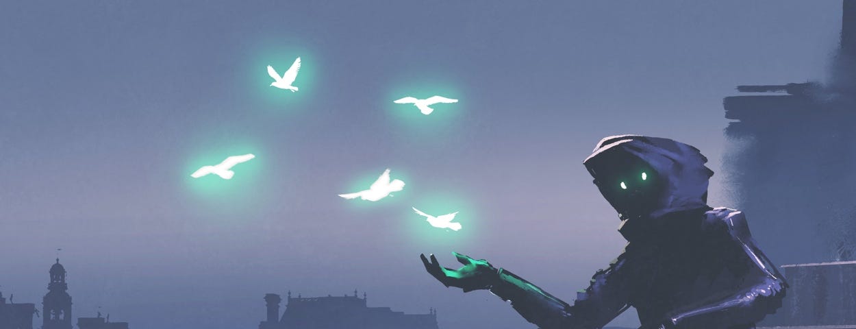 Image: A hooded figure releasing glowing birds from their hand. Be free!