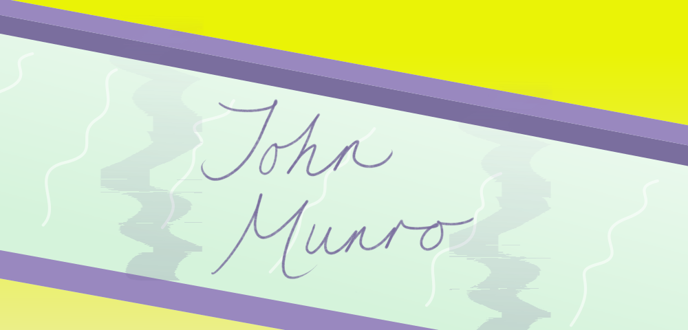 Text says “John Munro” in italic font, on a purple and yellow background