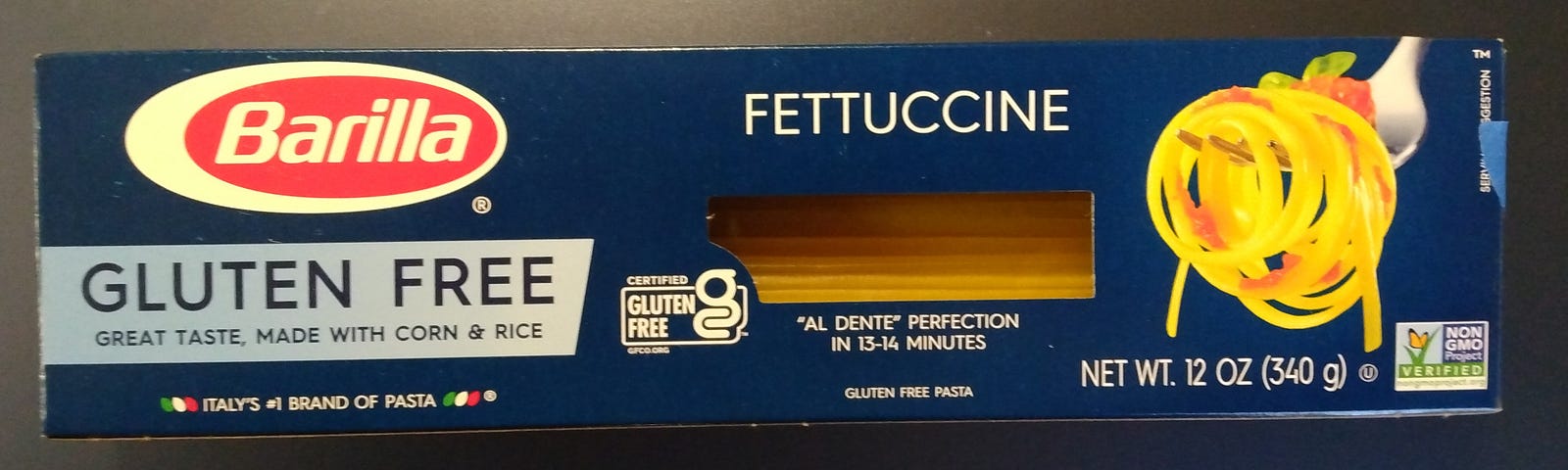 The Barilla Gluten-free pasta we found. I am not in any way affiliated with Barilla America, Inc. I do not own stock in this or any other pasta company which is unfortunate considering the amount of pasta I eat.