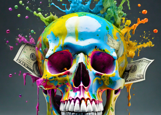 a liquid skull, colorful paint, hyper detailed, realistic, money flying around, photo clear style