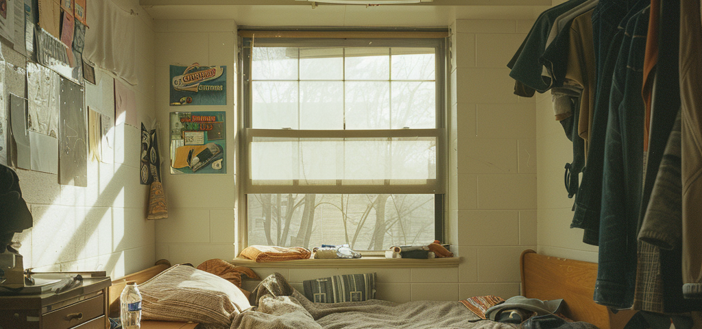 An empty dorm room apartment.