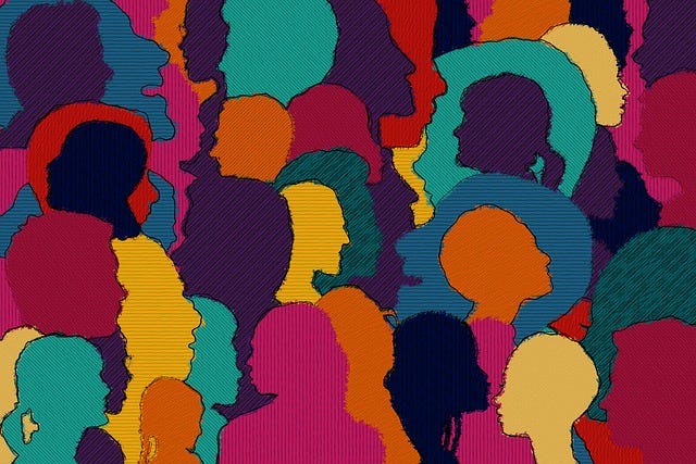 Illustration of many overlapping silhouettes of different people in a variety of different colours eg teal, orange, dark red and purple