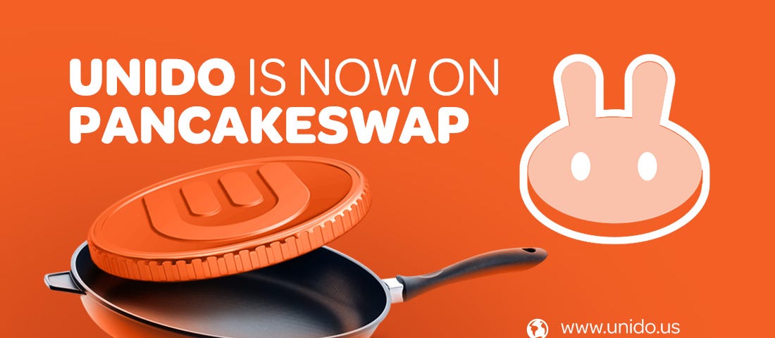 Logo of PancakeSwap and Unido showing listing of UDO Token on BSC Decentralized Exchange