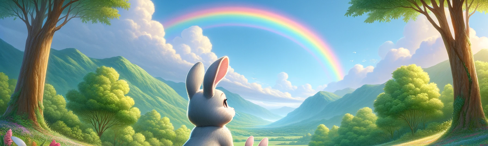 A young bunny and her little brother observe a rainbow. The scene captures a moment of wonder and learning in a lush meadow.