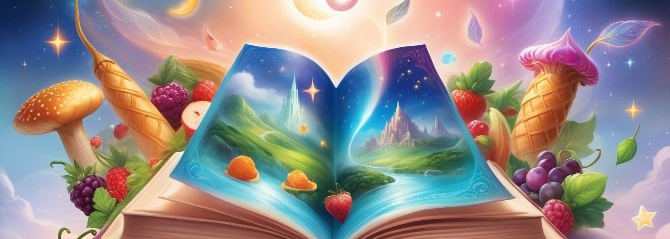 open book with magical fruits coming out of picturesque kingdom