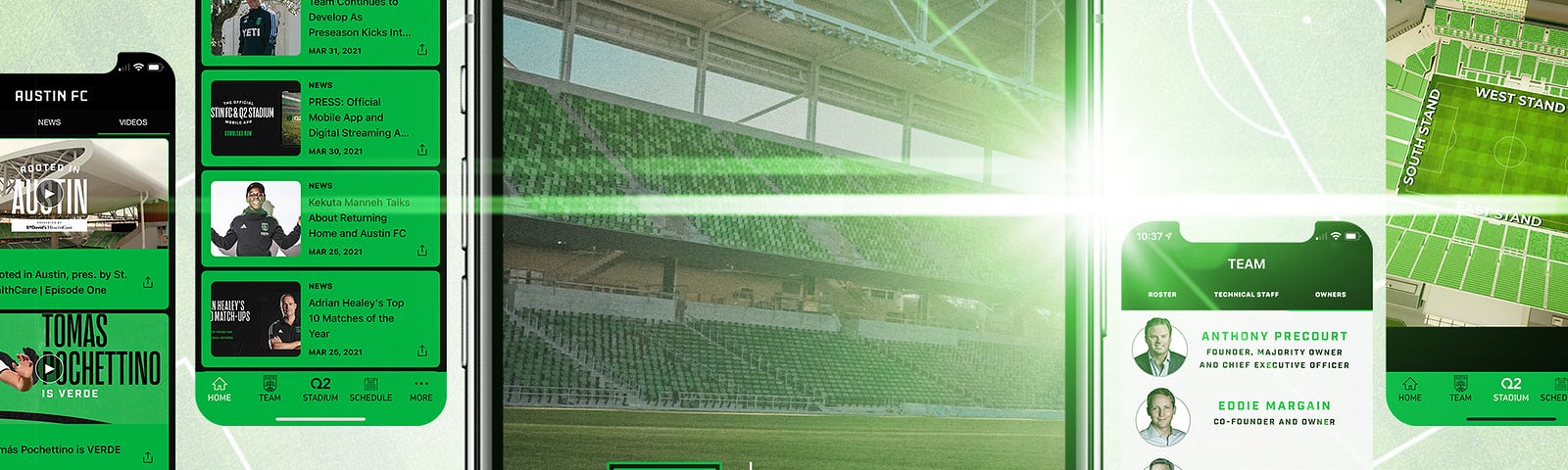 The new Austin FC and Q2 Stadium mobile app, launched in March 2021.