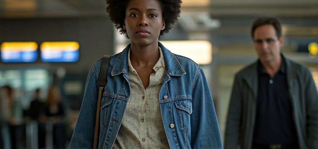 Black woman walking through an airport as white man follows behind with a stare