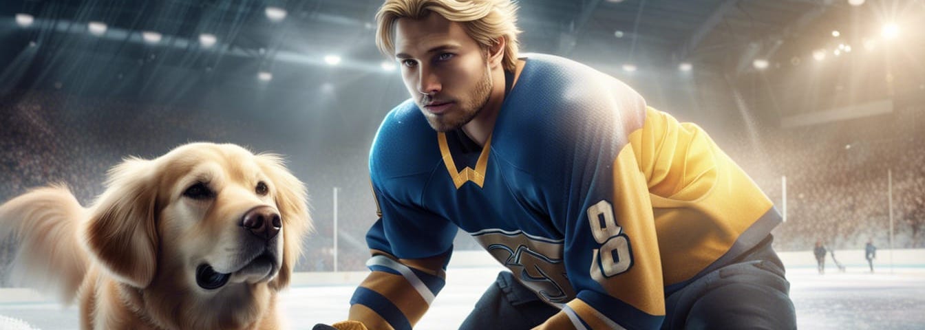 A blond guy plays ice hockey with his adorable golden retriever