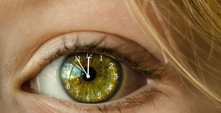 clock ticking inside a woman’s eye